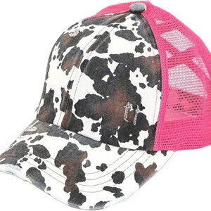 Distressed Cow Print Ball Cap with Pink Mesh